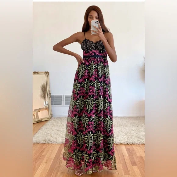 black floral embroidered chiffon maxi dress Women's Black Floral Smocked Maxi Dress with Slit main image 0